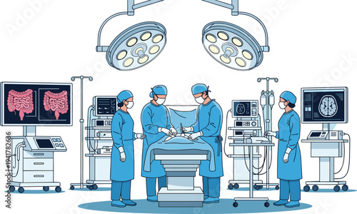 Professional surgical team performing abdominal surgery in a high-tech operating room with advanced patient monitoring systems and medical lighting