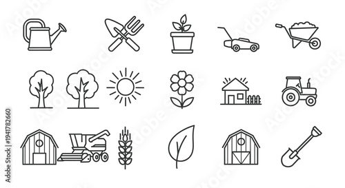 Gardening tools and agricultural elements in a black outline silhouette