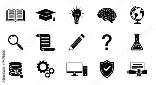 Education icons representing learning knowledge and research silhouette