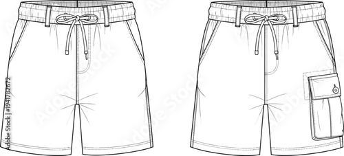 Men Elastic Waistband Cargo Shorts Technical Flat Sketch Template Front View Mockup CAD Drawing Fashion Design Vector Illustration For Manufacturing Apparel