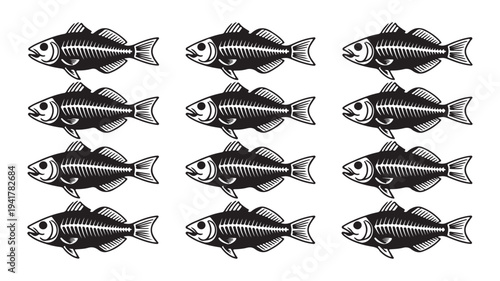 Set fish bone isolated on white background, black fish skeleton silhouette with head and tail