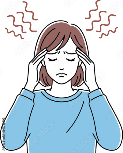Young woman holding her head with a sad expression depicting a painful headache migraine or stress with wavy lines illustration