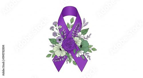 Purple awareness ribbon adorned with beautiful floral arrangement