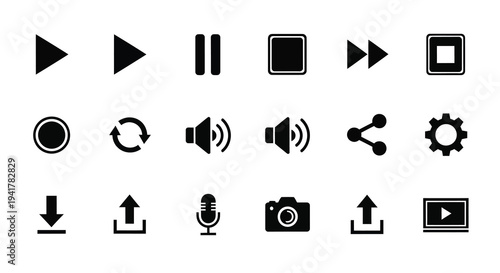 Collection of black media control icons against a white background silhouette