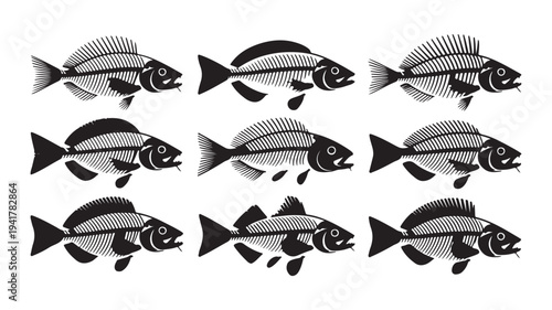 Set fish bone isolated on white background, black fish skeleton silhouette with head and tail