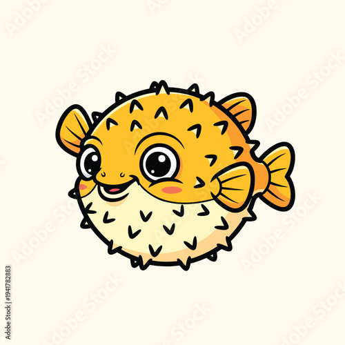 A cartoon illustration of a pufferfish, with a yellow body and black spikes, smiling. It has large eyes and fins. Set on a cream background