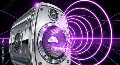 Futuristic silver speaker with purple neon sound waves on black background on transparent background