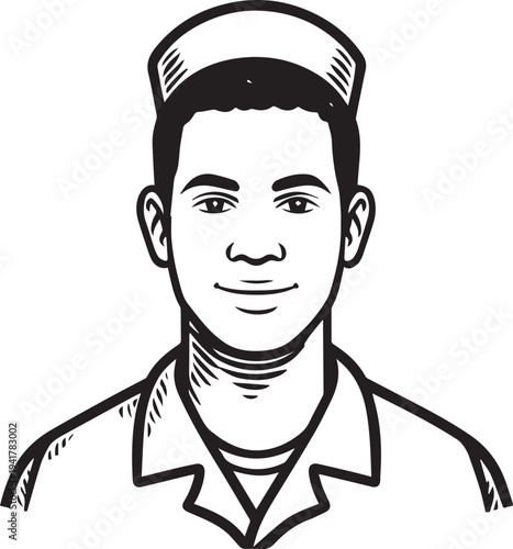 Hand Drawn Man as Nurse Black and White Avatar Illustration in Minimal Line Art Style Design