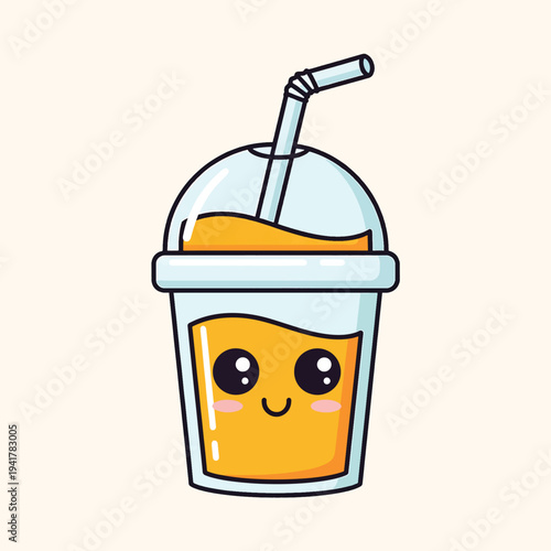 A cartoon image of a cute, animated juice or smoothie. It's in a clear cup with a dome lid. A bent straw is present