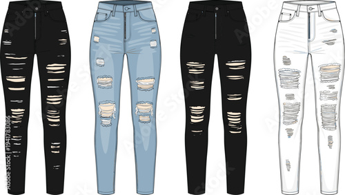 Set of Ripped Distressed Skinny Jeans in Black Blue and White Denim, High Waisted Fashion Flat CAD Drawing Vector Illustration