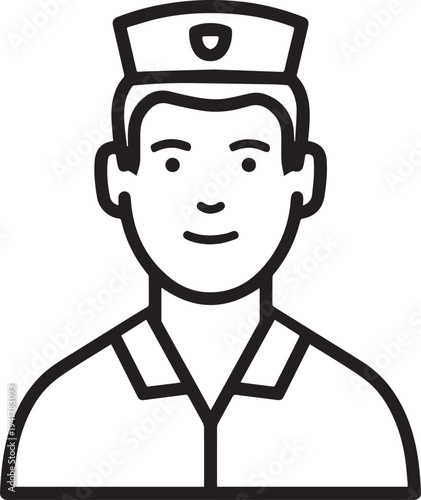 Hand Drawn Man as Nurse Black and White Avatar Illustration in Minimal Line Art Style Design