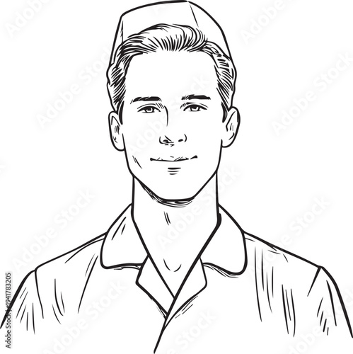 Hand Drawn Man as Nurse Black and White Avatar Illustration in Minimal Line Art Style Design