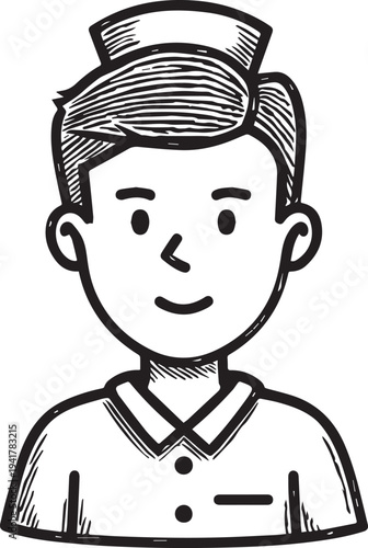 Hand Drawn Man as Nurse Black and White Avatar Illustration in Minimal Line Art Style Design