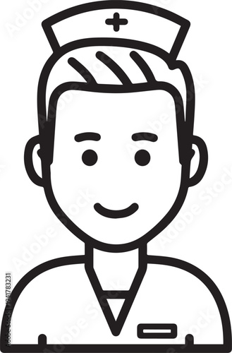 Hand Drawn Man as Nurse Black and White Avatar Illustration in Minimal Line Art Style Design