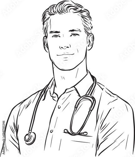 Hand Drawn Man as Nurse Black and White Avatar Illustration in Minimal Line Art Style Design