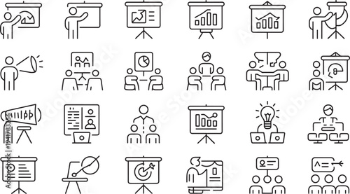 Line of people presenting and discussing with charts and graphs on flip charts and whiteboards
