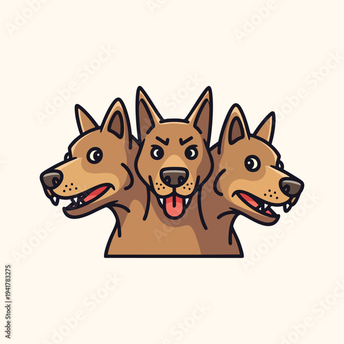 A cartoon illustration of a three-headed canine creature, brown in color, with various facial expressions and open mouths on a beige background
