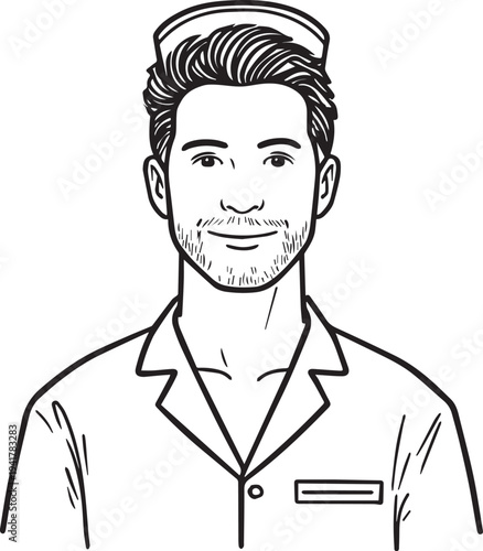 Hand Drawn Man as Nurse Black and White Avatar Illustration in Minimal Line Art Style Design