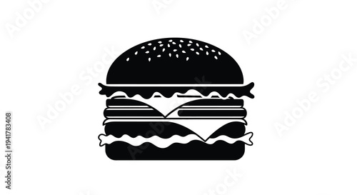 A detailed black silhouette of a classic cheeseburger design silhouette