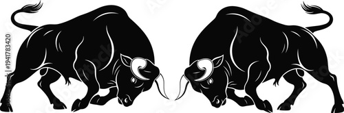 Two Powerful Black Bull Silhouettes Charging Head to Head Symbolizing Stock Market Bull Run Strength Competition Aggression Power and Financial Growth on White Background