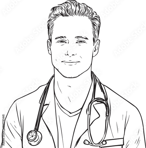 Hand Drawn Man as Nurse Black and White Avatar Illustration in Minimal Line Art Style Design