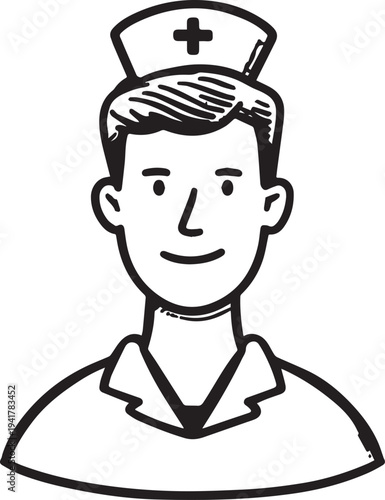 Hand Drawn Man as Nurse Black and White Avatar Illustration in Minimal Line Art Style Design