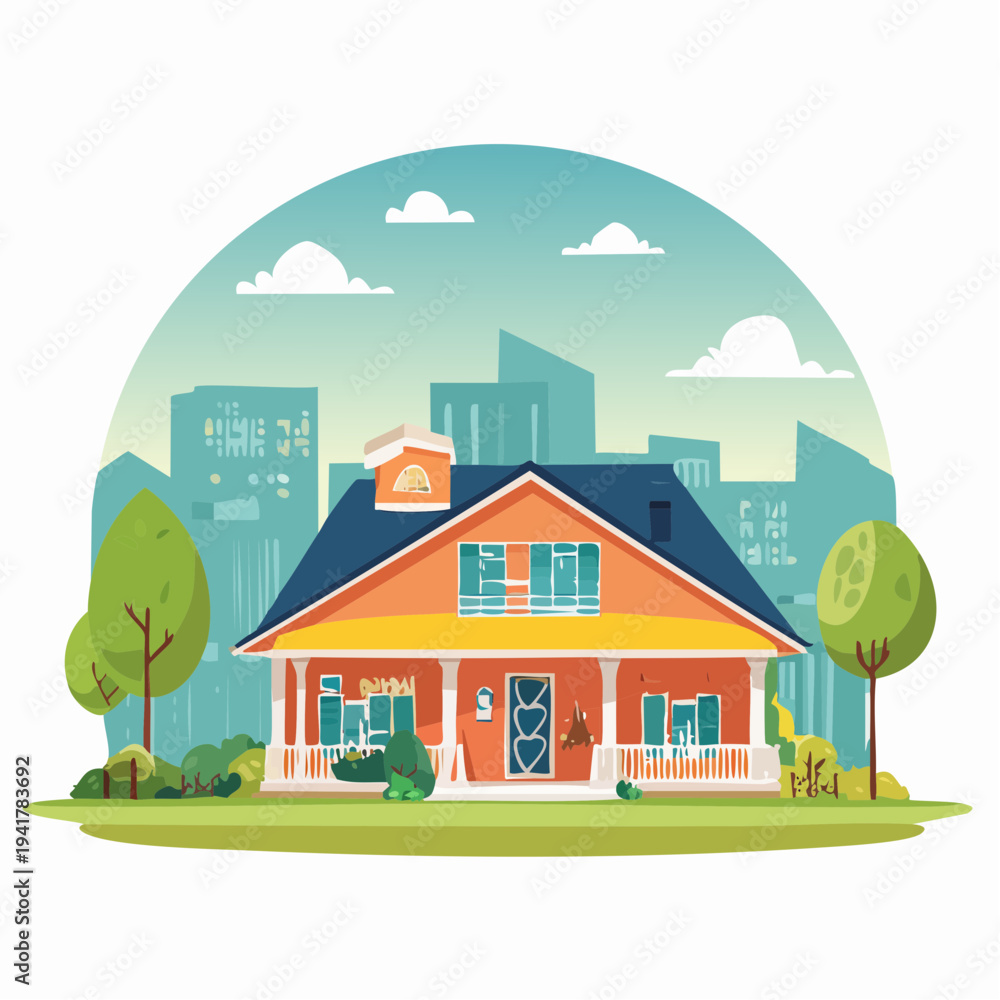 Naklejka premium Charming suburban house with a vibrant garden and a distant city skyline under a clear sky