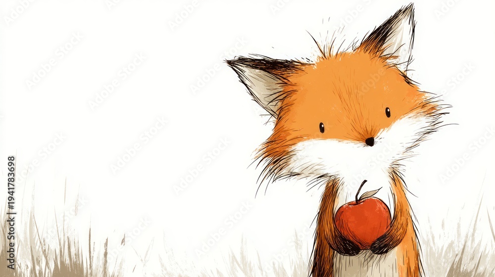 Naklejka premium Charming Cartoon of a Sneaky Fox Holding a Stolen Fruit in the Forest