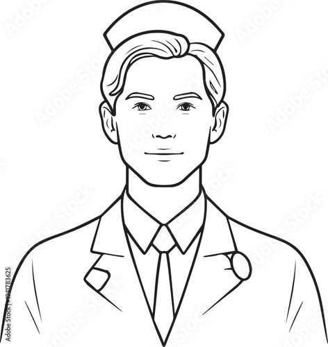 Hand Drawn Man as Nurse Black and White Avatar Illustration in Minimal Line Art Style Design