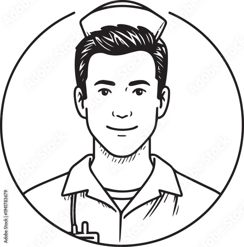 Hand Drawn Man as Nurse Black and White Avatar Illustration in Minimal Line Art Style Design