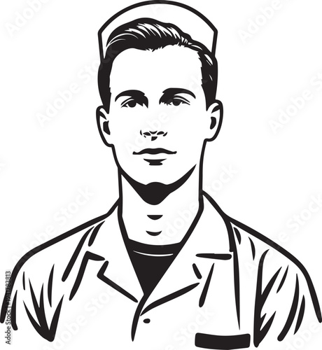 Hand Drawn Man as Nurse Black and White Avatar Illustration in Minimal Line Art Style Design