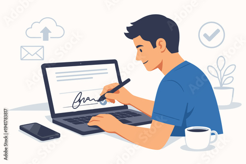 Flat vector illustration of a young man signing a digital document on a laptop screen with a stylus pen. Concept of electronic signature, online contract, remote work, and paperless office.
