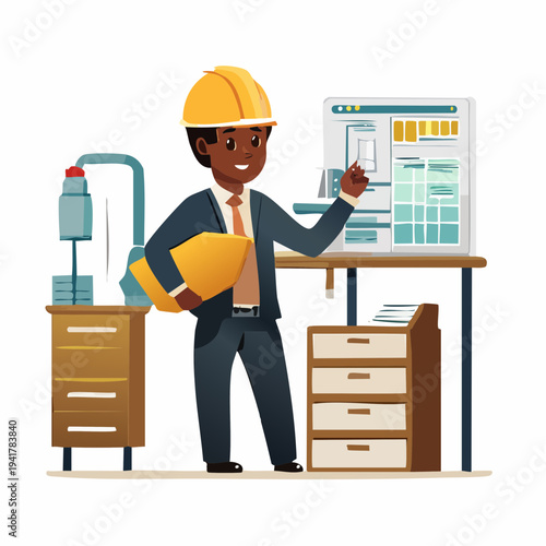 Man in hard hat and suit standing by workstation with blueprints and machinery in office