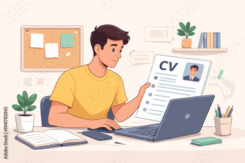 Young Man Sitting at Desk Working on CV Resume for Job Application with Laptop and Office Supplies. Flat Vector Illustration of Career Search, Recruitment, Professional Profile, and Employment.