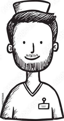 Hand Drawn Man as Nurse Black and White Avatar Illustration in Minimal Line Art Style Design