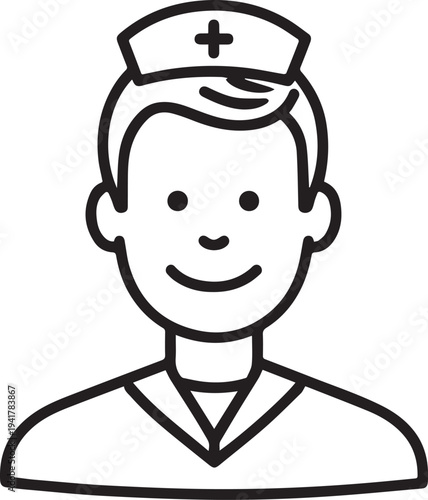 Hand Drawn Man as Nurse Black and White Avatar Illustration in Minimal Line Art Style Design
