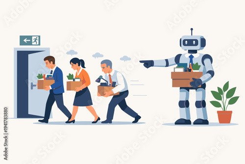 Robot Manager Firing Human Employees and Replacing Them with Artificial Intelligence Automation. Sad Business People Leaving Office with Boxes of Belongings. Future of Work and Job Loss Concept.