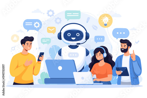 Vector illustration of a friendly robot chatbot operator providing customer support and service to networking people using laptops, smartphones, and tablets in a modern flat design style.