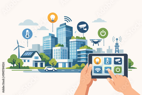 Smart City Concept with Intelligent Buildings and Sustainable Energy Controlled via Tablet App. Vector Illustration of IoT Home Automation, Solar Panels, Wind Turbine, and Urban Connectivity.