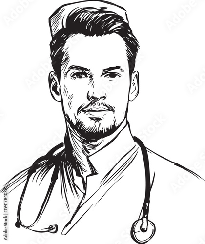Hand Drawn Man as Nurse Black and White Avatar Illustration in Minimal Line Art Style Design