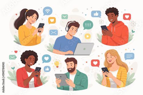 Diverse People Communicating Online and Browsing Internet Using Mobile Gadgets Like Smartphones, Laptops, and Tablets. Flat Vector Illustration of Social Media Networking and Digital Connectivity