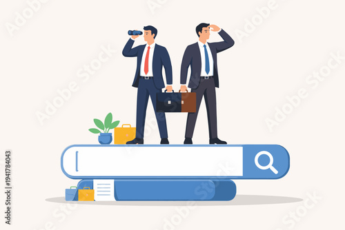 Two professional businessmen standing on a giant search bar looking for job opportunities or new career paths with binoculars and briefcases, recruitment and employment concept flat vector.