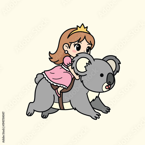 A cartoon princess wearing a crown rides a koala, the cute animal has an open mouth, a light beige background