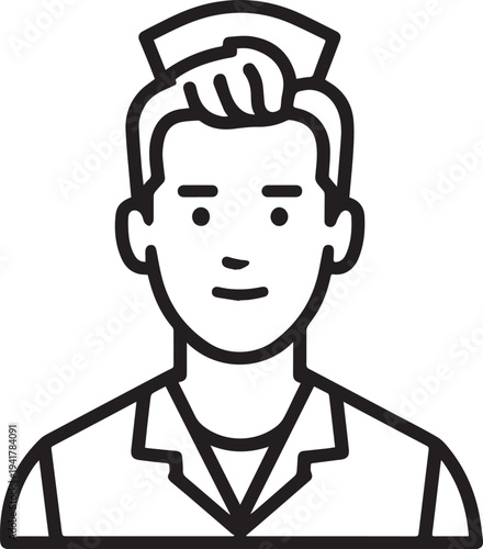 Hand Drawn Man as Nurse Black and White Avatar Illustration in Minimal Line Art Style Design