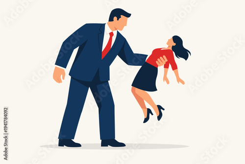 Flat vector illustration of a giant businessman in a suit holding a small woman, representing power dynamics, corporate hierarchy, gender inequality, workplace harassment, and male dominance.