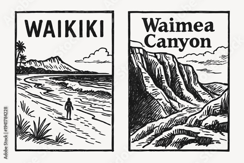 Hawaii travel postcard illustrations Waikiki Waimea Canyon