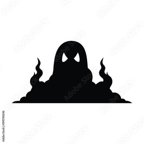 Spooky black silhouette of a ghostly figure with glowing eyes and flames