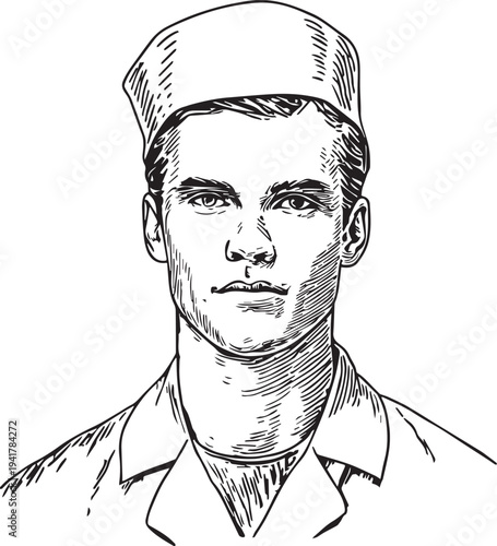 Hand Drawn Man as Nurse Black and White Avatar Illustration in Minimal Line Art Style Design