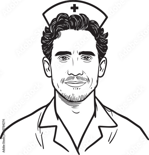Hand Drawn Man as Nurse Black and White Avatar Illustration in Minimal Line Art Style Design