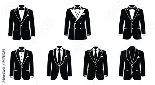 Variety of formal suit designs presented as a black silhouette